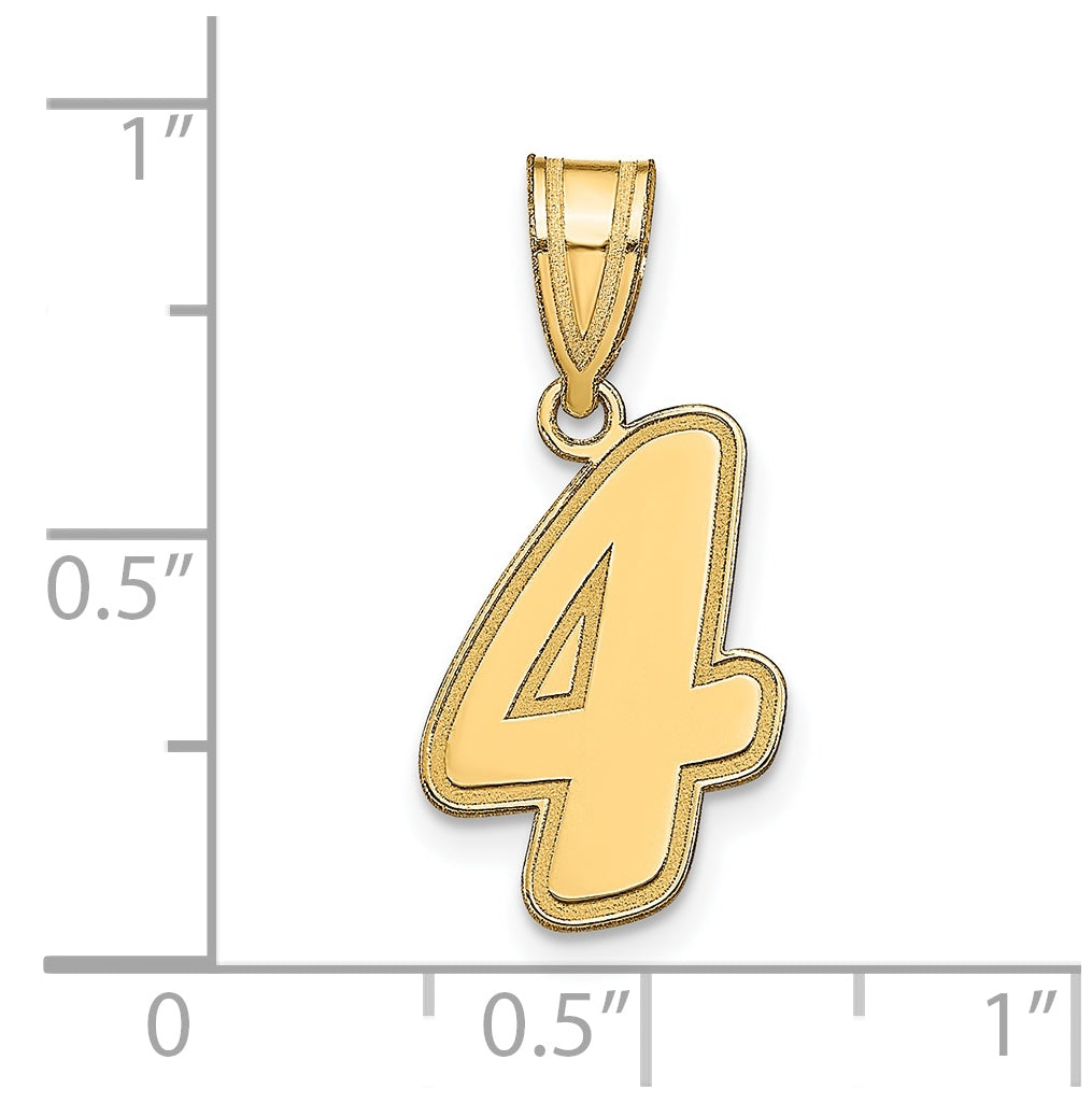 14K Yellow Gold Brushed Border Script Number 4 Pendant