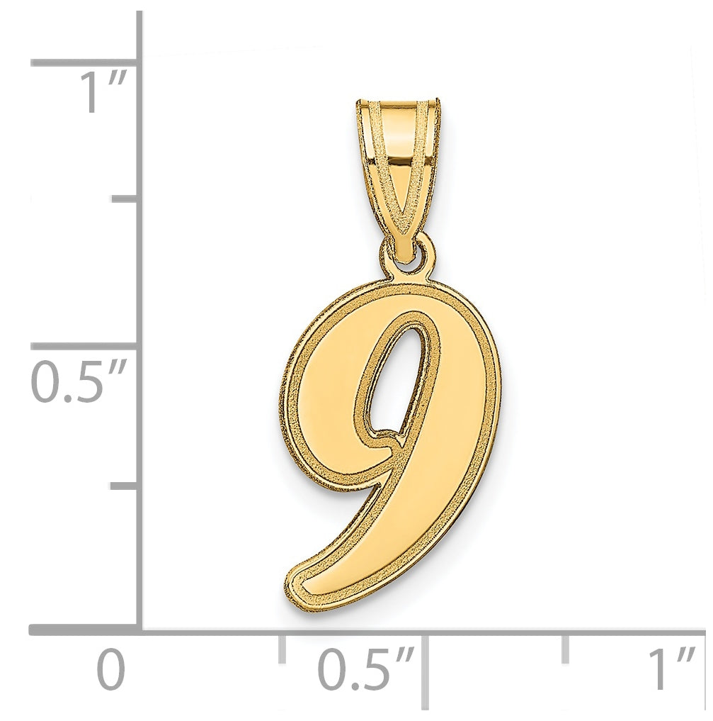 14K Yellow Gold Brushed Border Script Number 9 Pendant