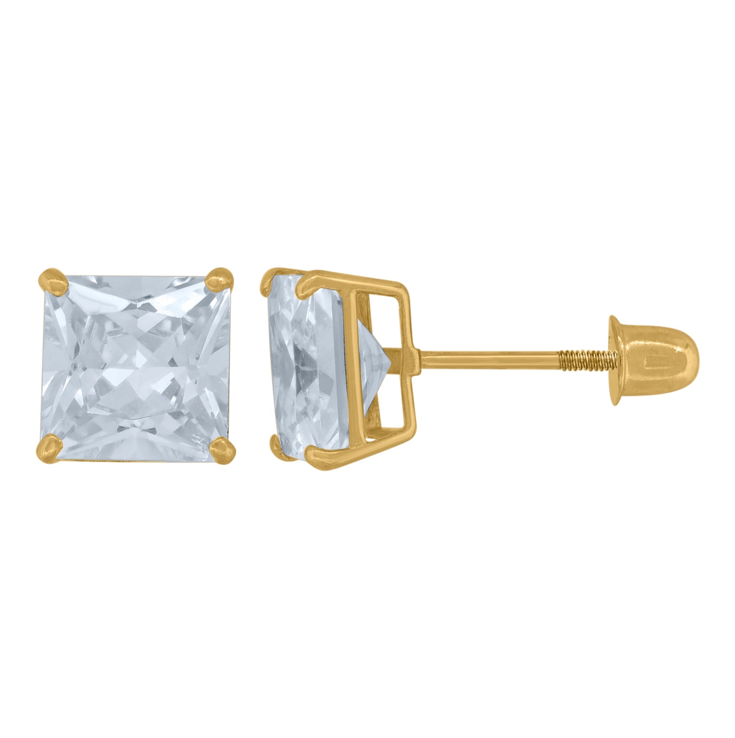 14K Yellow Gold Womens Princess-Cut Cubic-Zirconia 6mm Square Stud Earrings