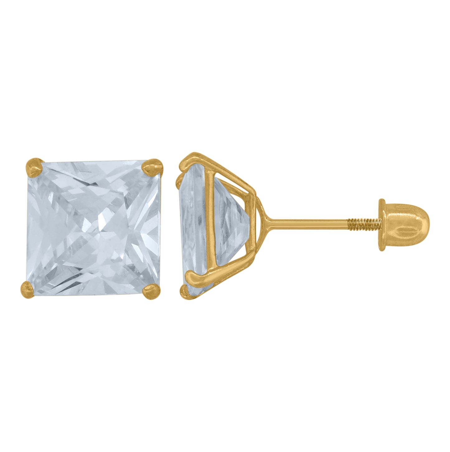 14K Yellow Gold Womens Princess-Cut Cubic-Zirconia 7mm Square Stud Earrings