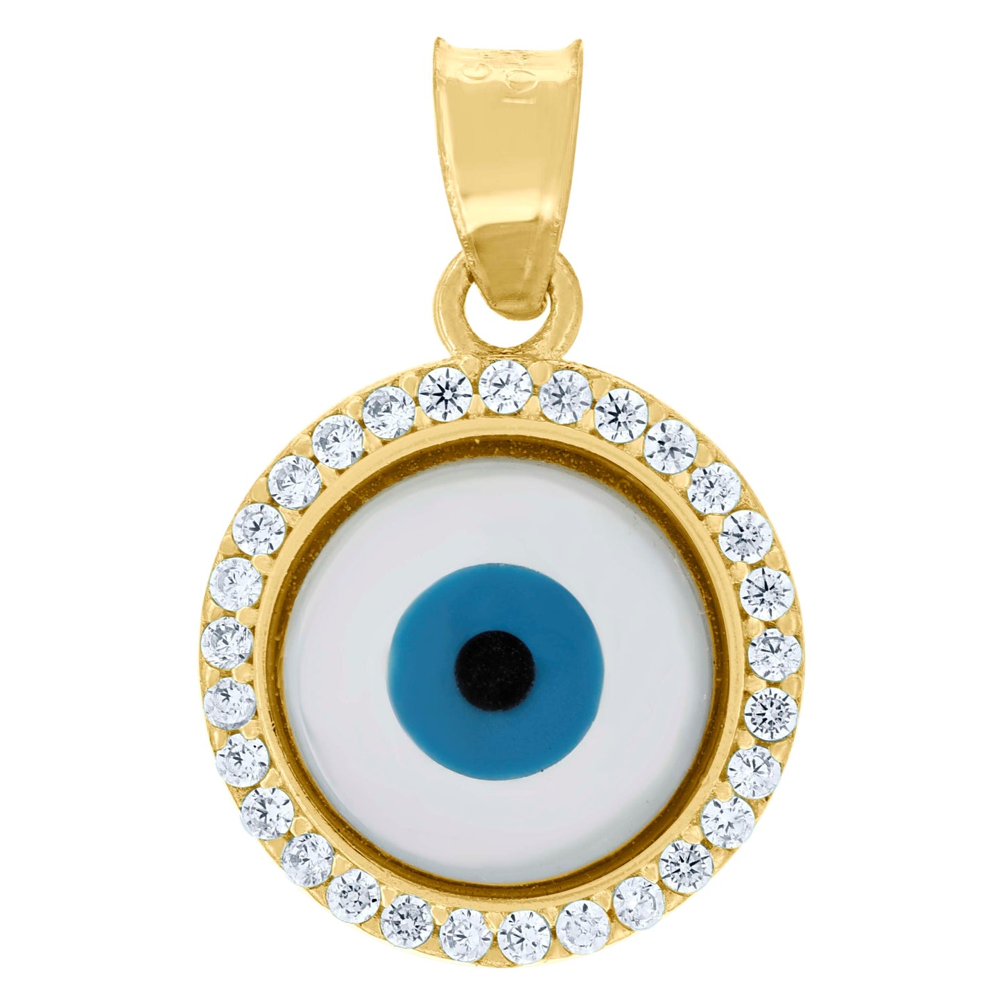 10K Yellow Gold Unisex Cubic-Zirconia Evil Eye Blue White Enamel Charm Pendant