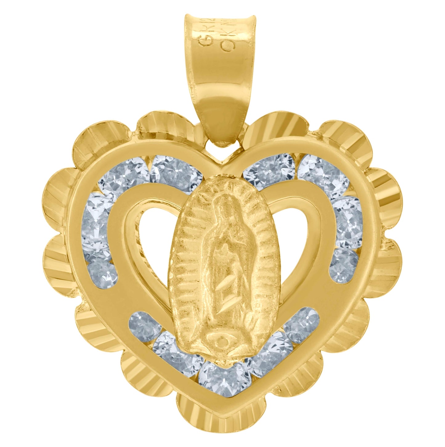 10K Two-Tone Gold Unisex Cubic-Zirconia Textured Lady Of Guadalupe Religious Heart Charm Pendant