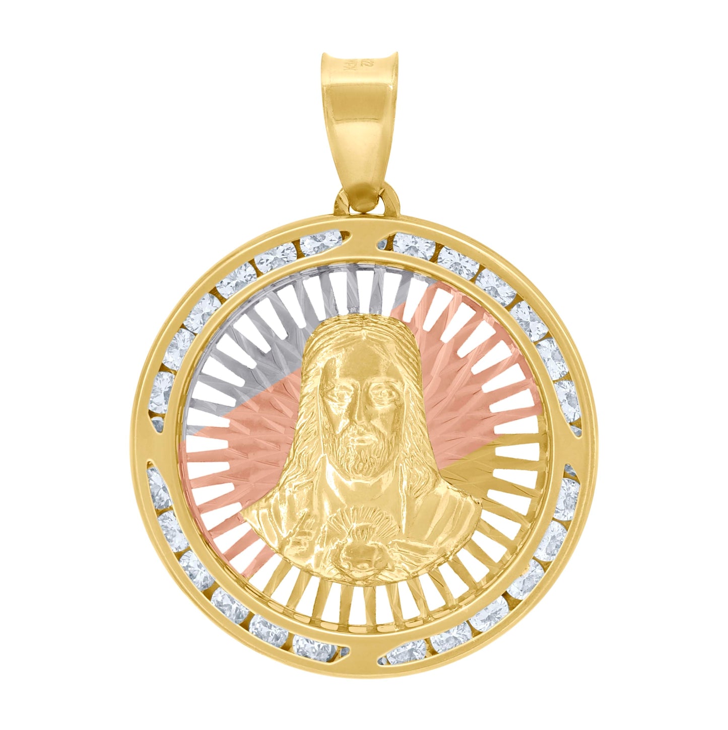 10K Tri-Color Gold Unisex Cubic-Zirconia Diamond-Cut Sacred Heart Of Jesus Religious Charm Pendant