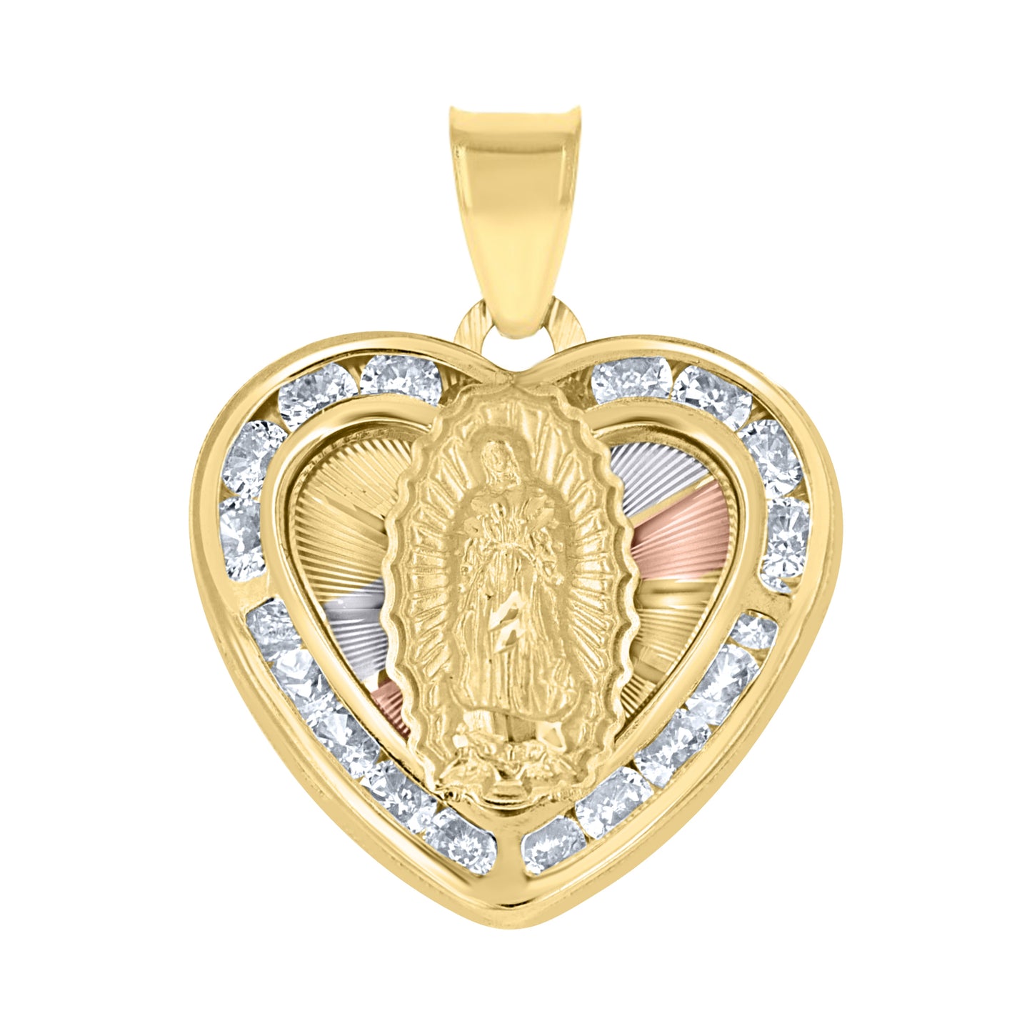10K Tri-Color Gold Unisex Cubic-Zirconia Textured Lady Of Guadalupe Religious Heart Charm Pendant