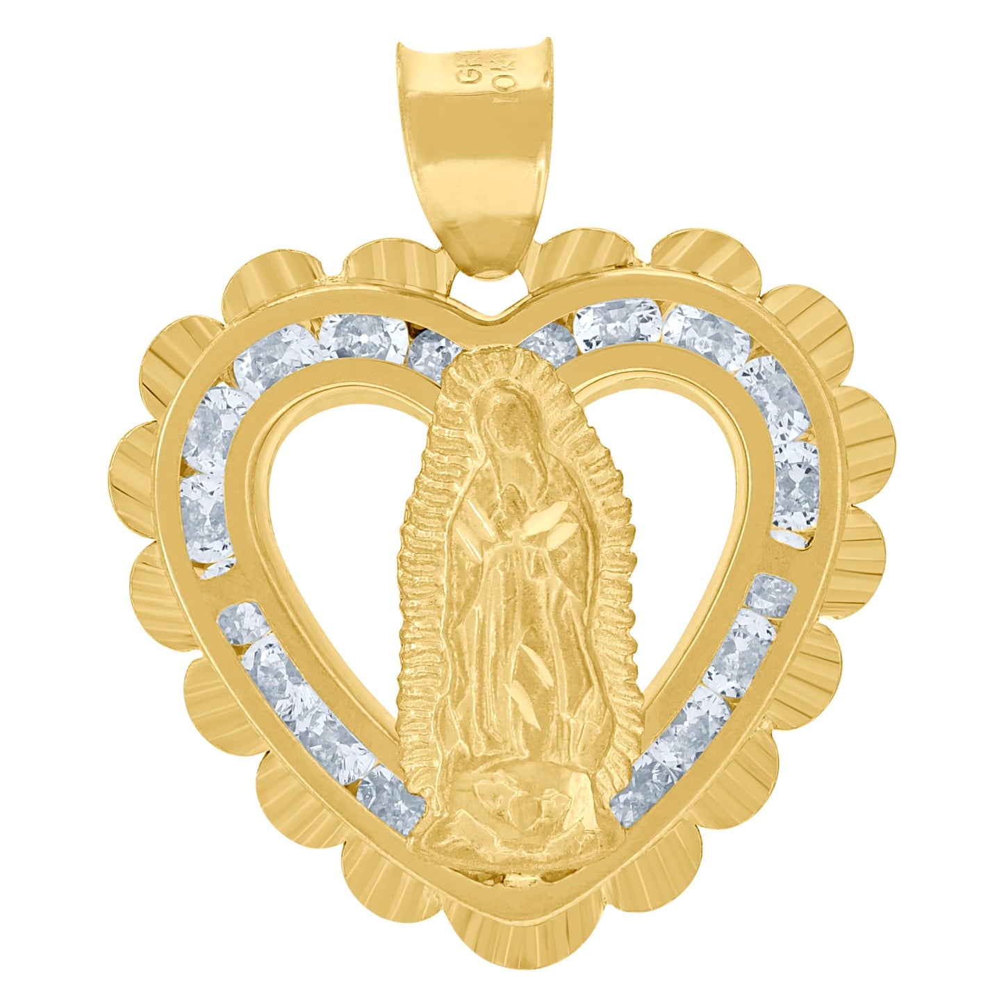10K Yellow Gold Unisex Cubic-Zirconia Textured Lady Of Guadalupe Religious Heart Charm Pendant