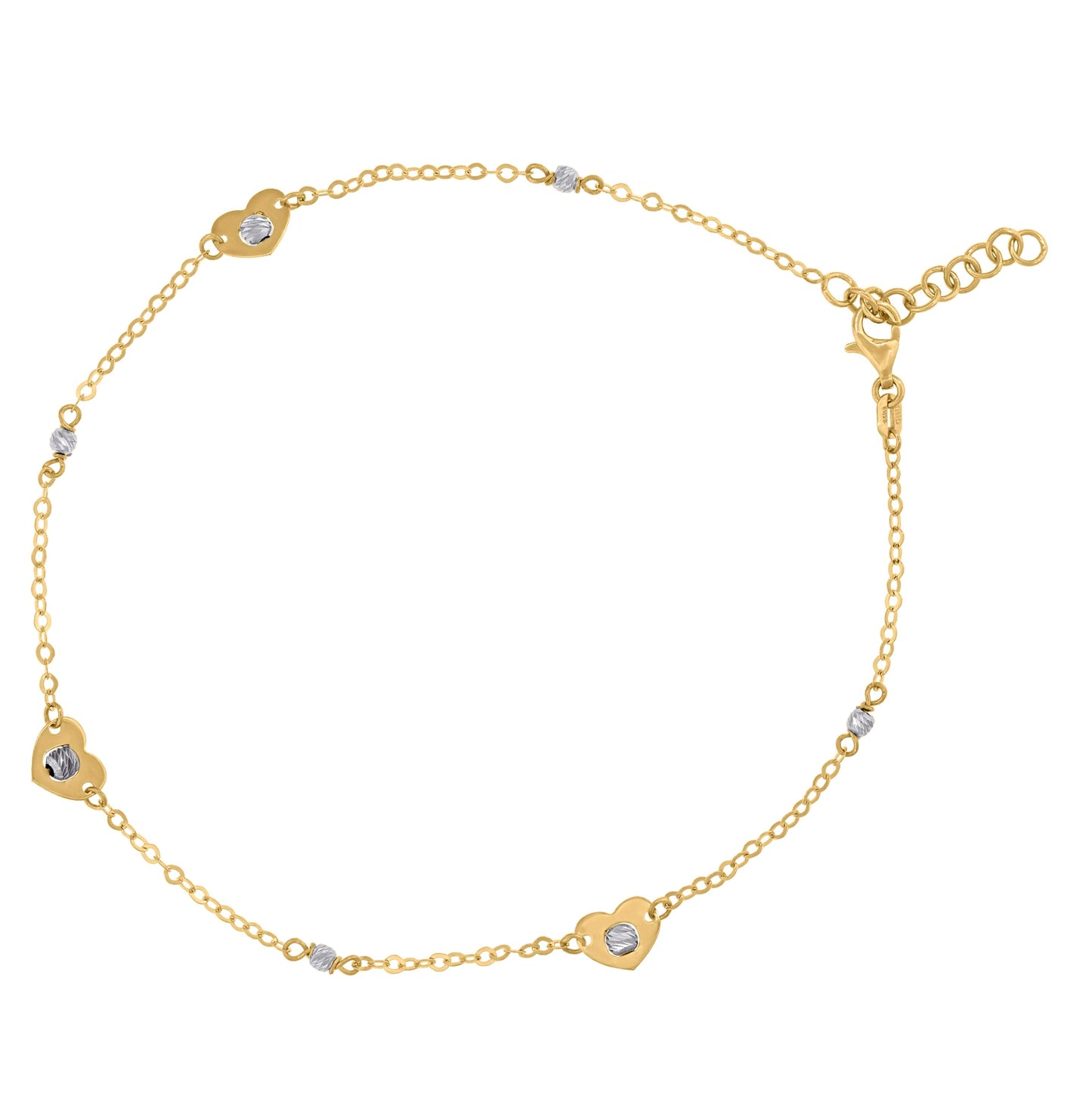 14K Two-Tone Gold Womens Polished Finish Textured Heart Beaded Anklet