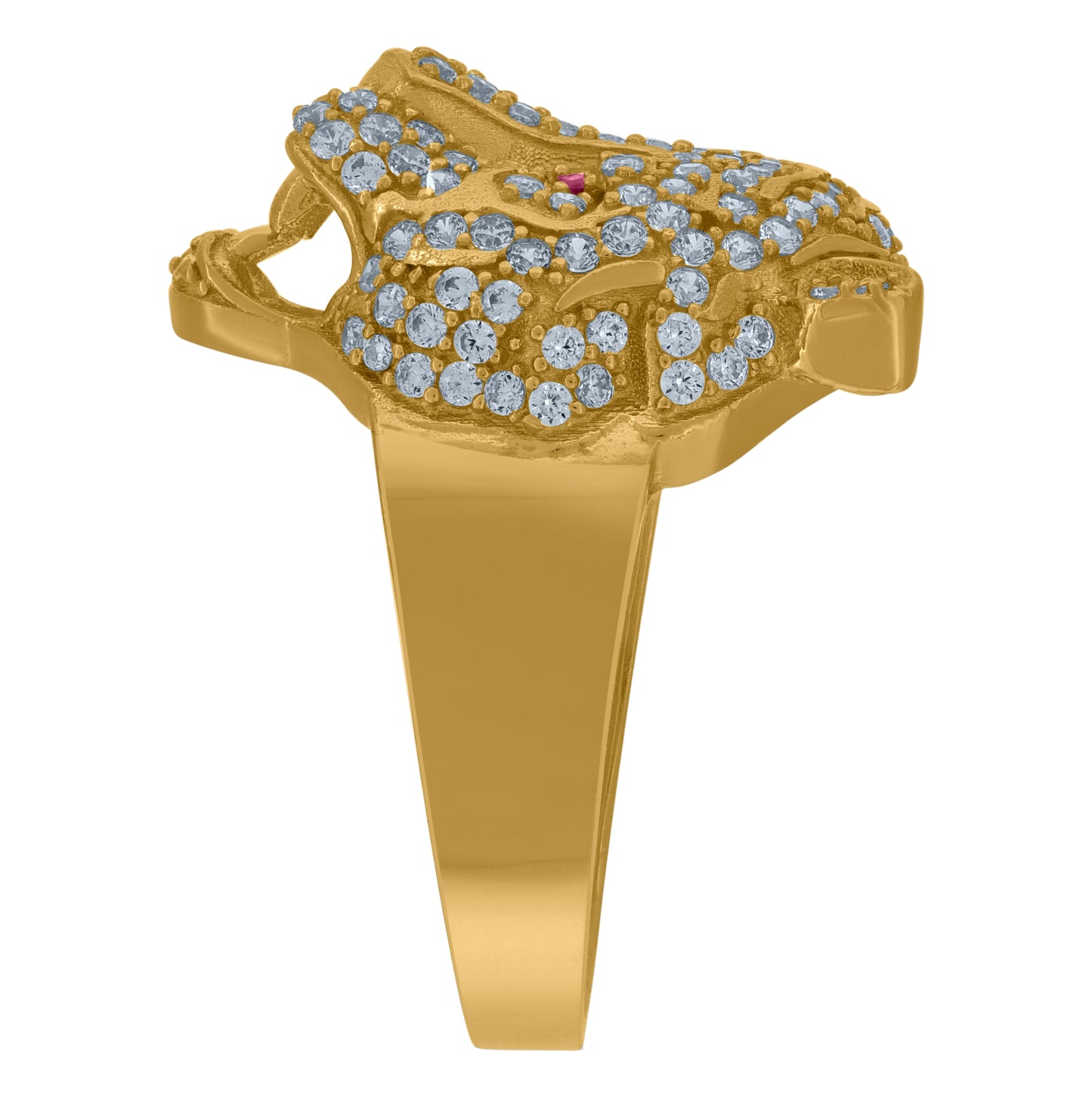 10K Yellow Gold Mens White Pink Cubic Zirconia Tiger Animal Head Ring