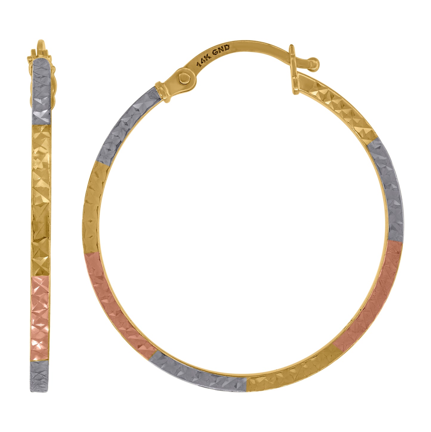 14K Tri-Color Gold Womens Textured Square Tube Hoop 28Mm Earrings