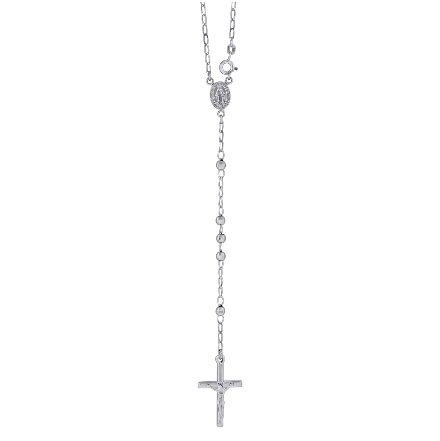 Sterling Silver Or Yellow Tone Or Rhodium Plated Unisex Diamond-Cut Rosary Necklace