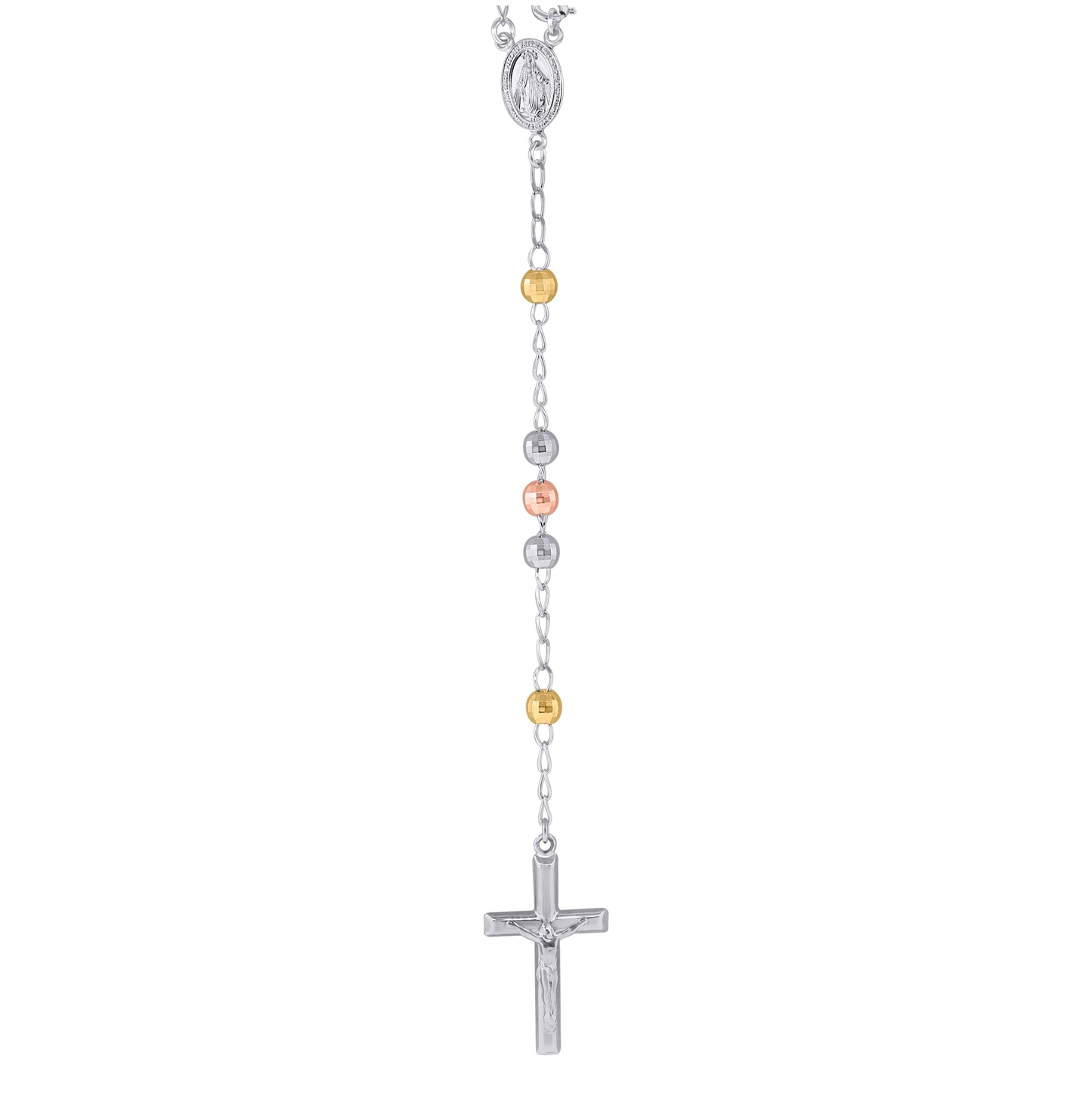 Sterling Silver Or Yellow Tone Or Rhodium Plated Unisex Diamond-Cut Rosary Necklace