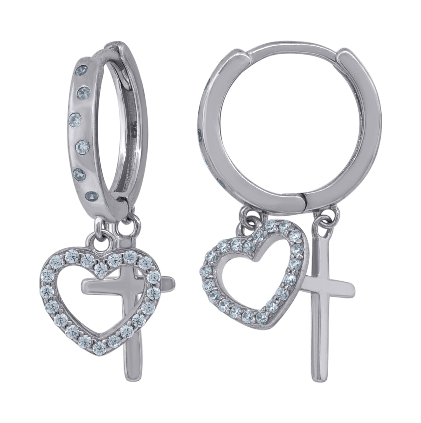 Sterling Silver Unisex Cubic-Zirconia Cross & Heart Religious Dangle Hoop Earrings