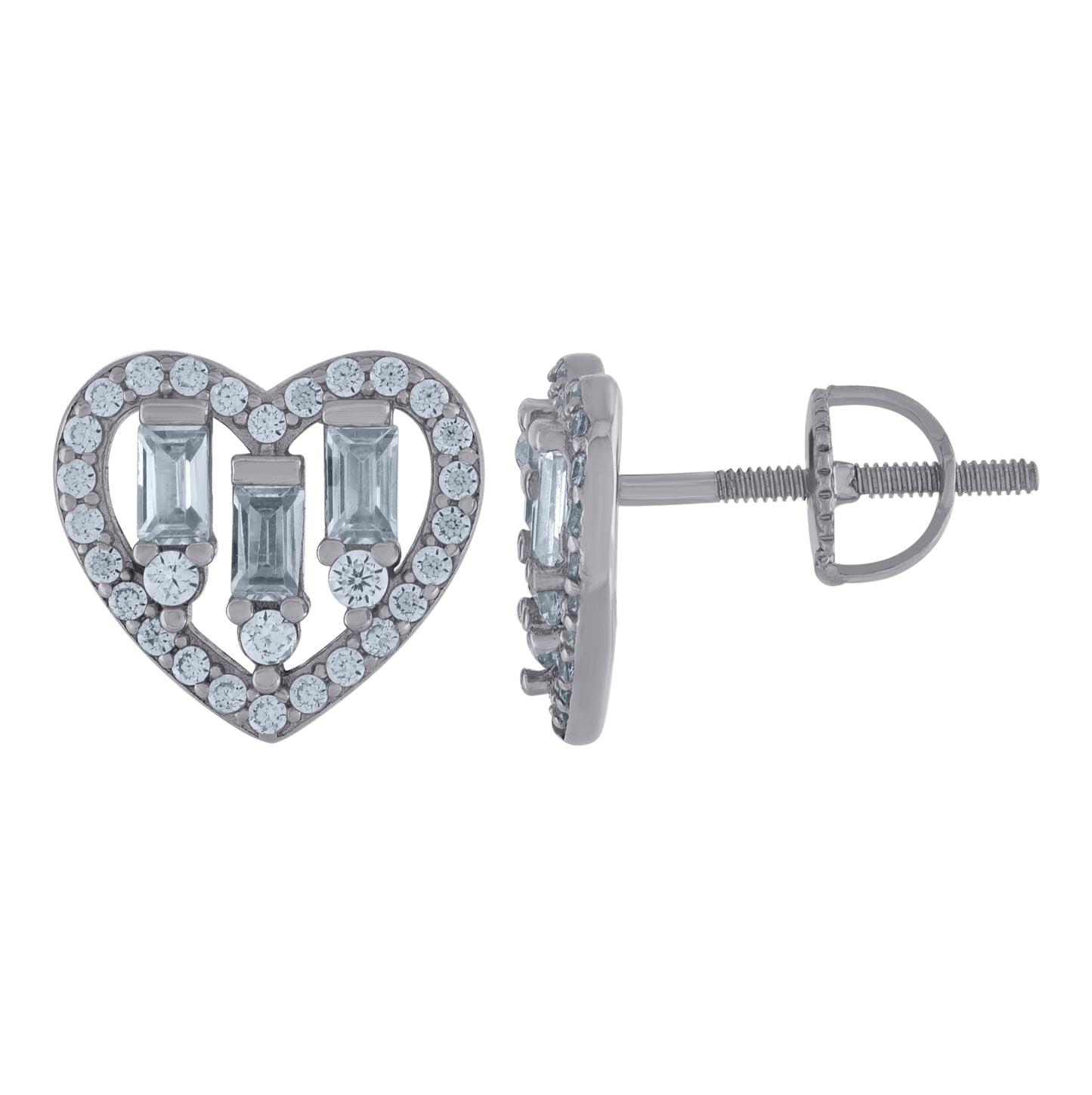 Sterling Silver Womens Baguette Cubic-Zirconia Heart Stud Earrings