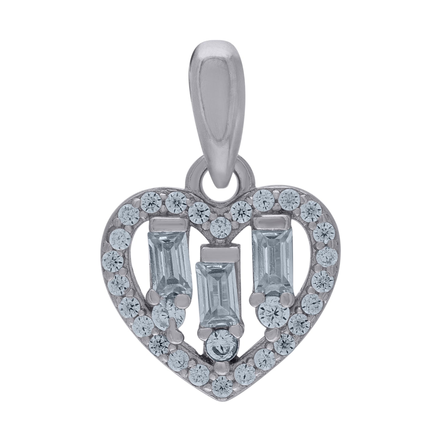 Sterling Silver Womens Baguette Cubic-Zirconia Heart Charm Pendant