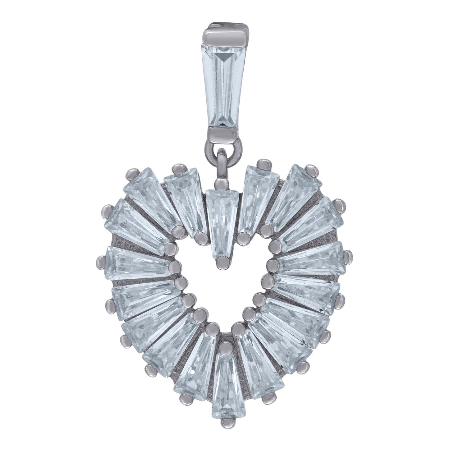 Sterling Silver Womens Baguette Cubic-Zirconia Heart Charm Pendant