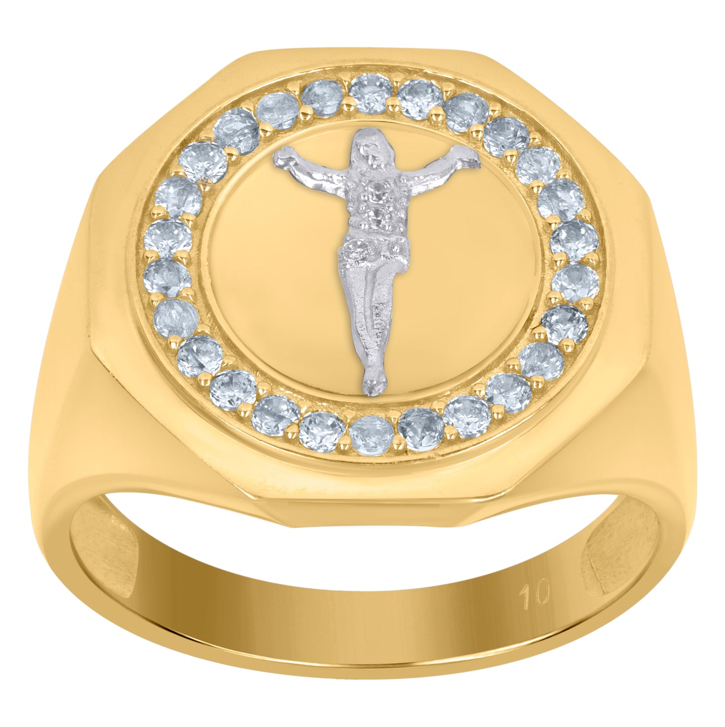 10K Two-Tone Gold Mens Cubic-Zirconia Crucifix Religious Signet Ring