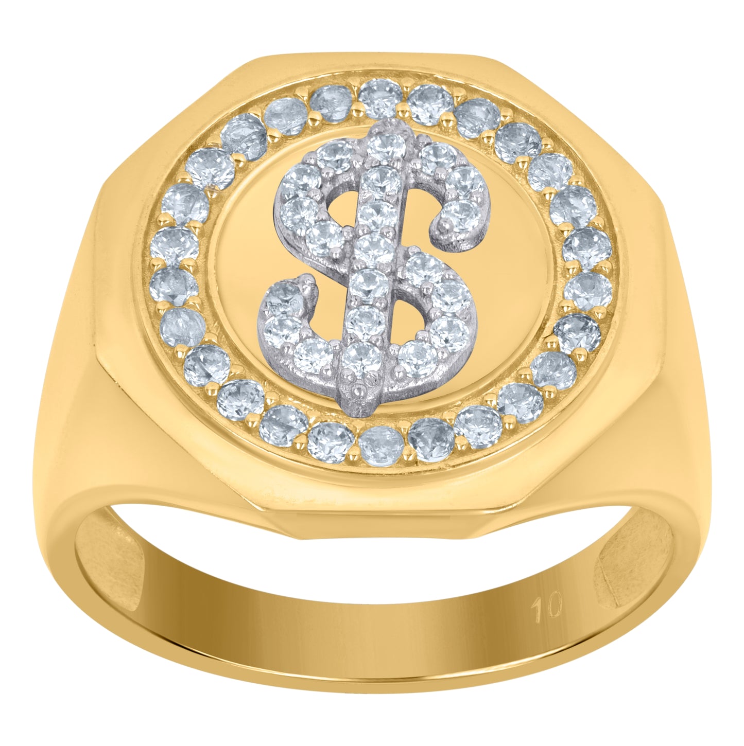 10K Two-Tone Gold Mens Cubic-Zirconia Dollar Sign Currency Signet Ring