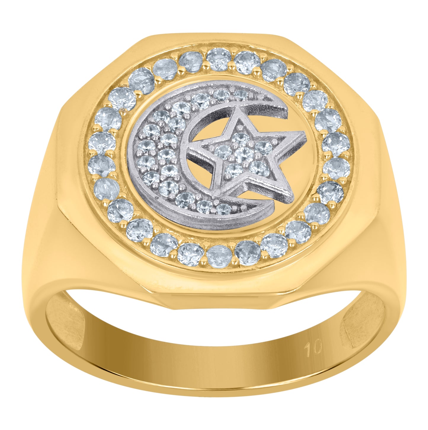 10K Two-Tone Gold Mens Cubic-Zirconia Chand Sitara Religious Signet Ring