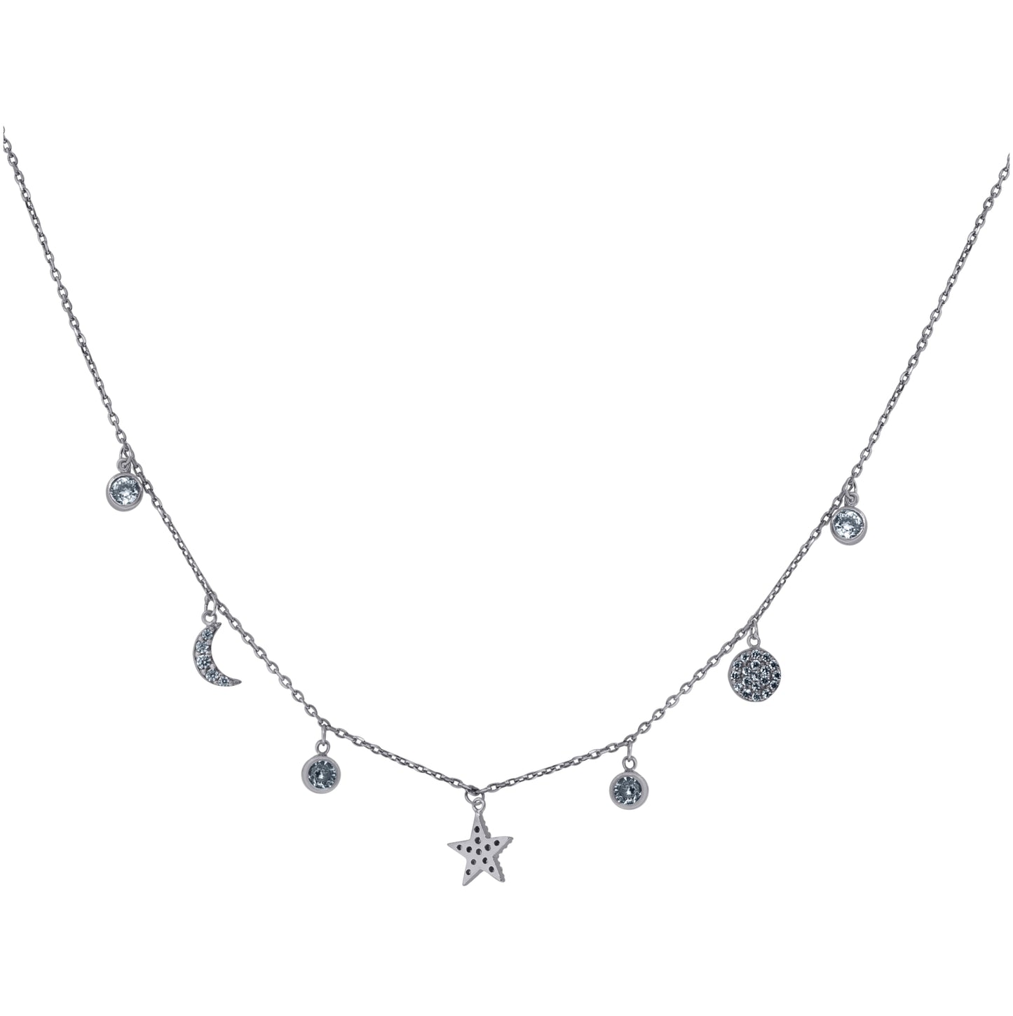 Sterling Silver Womens Cubic-Zirconia Star Moon Celestial Rolo Link Necklace