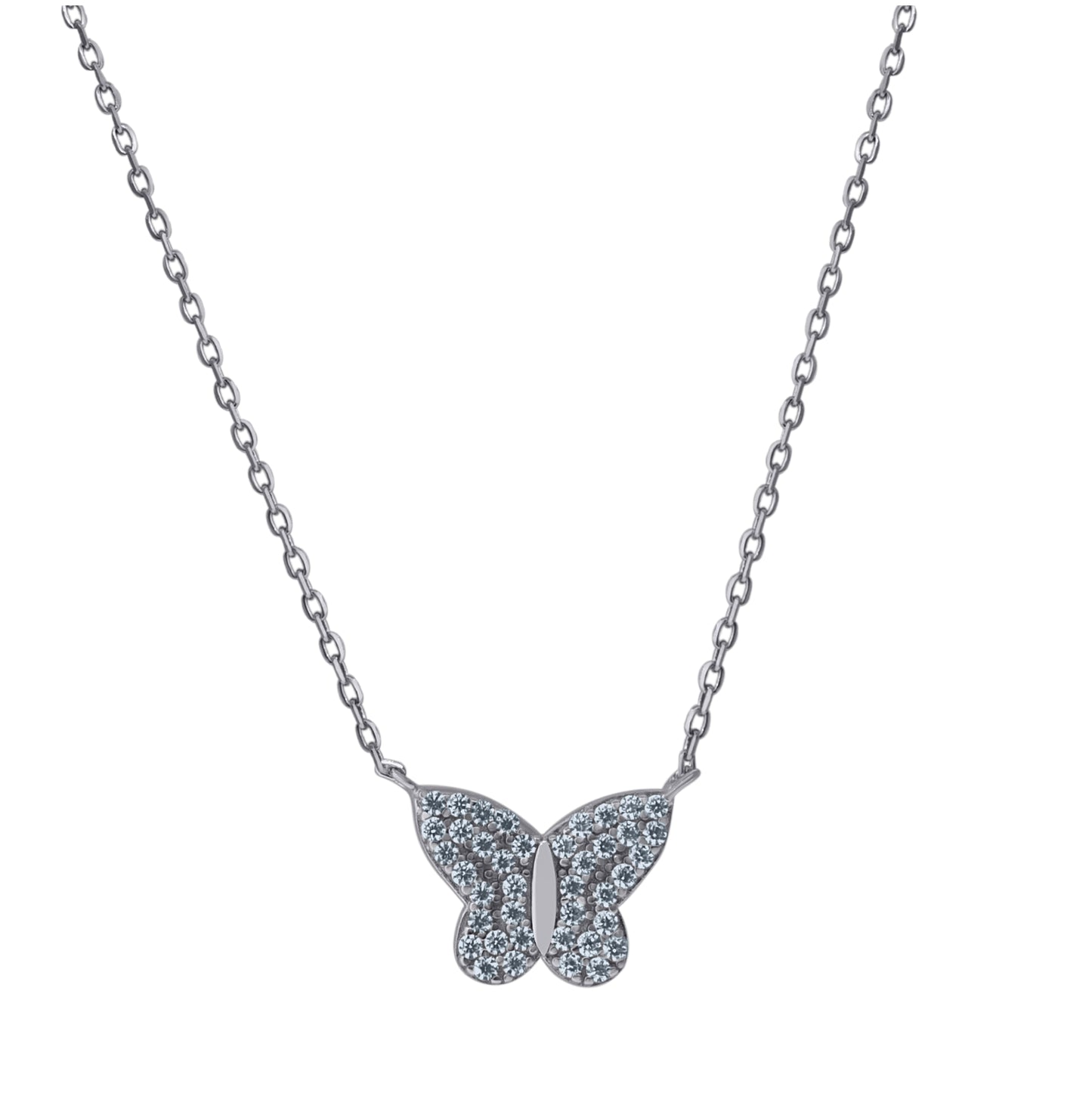 Sterling Silver Womens Cubic-Zirconia Butterfly Rolo Link Necklace