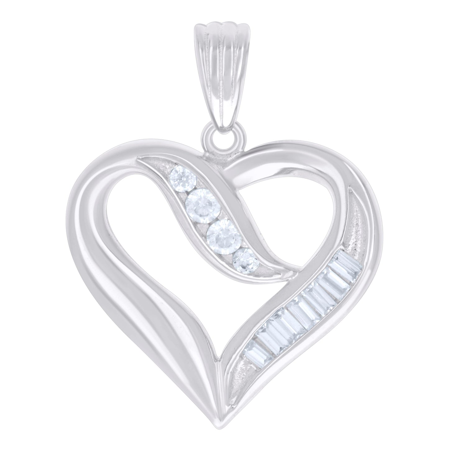 Sterling Silver Womens Baguette Cubic-Zirconia Heart Love Charm Pendant