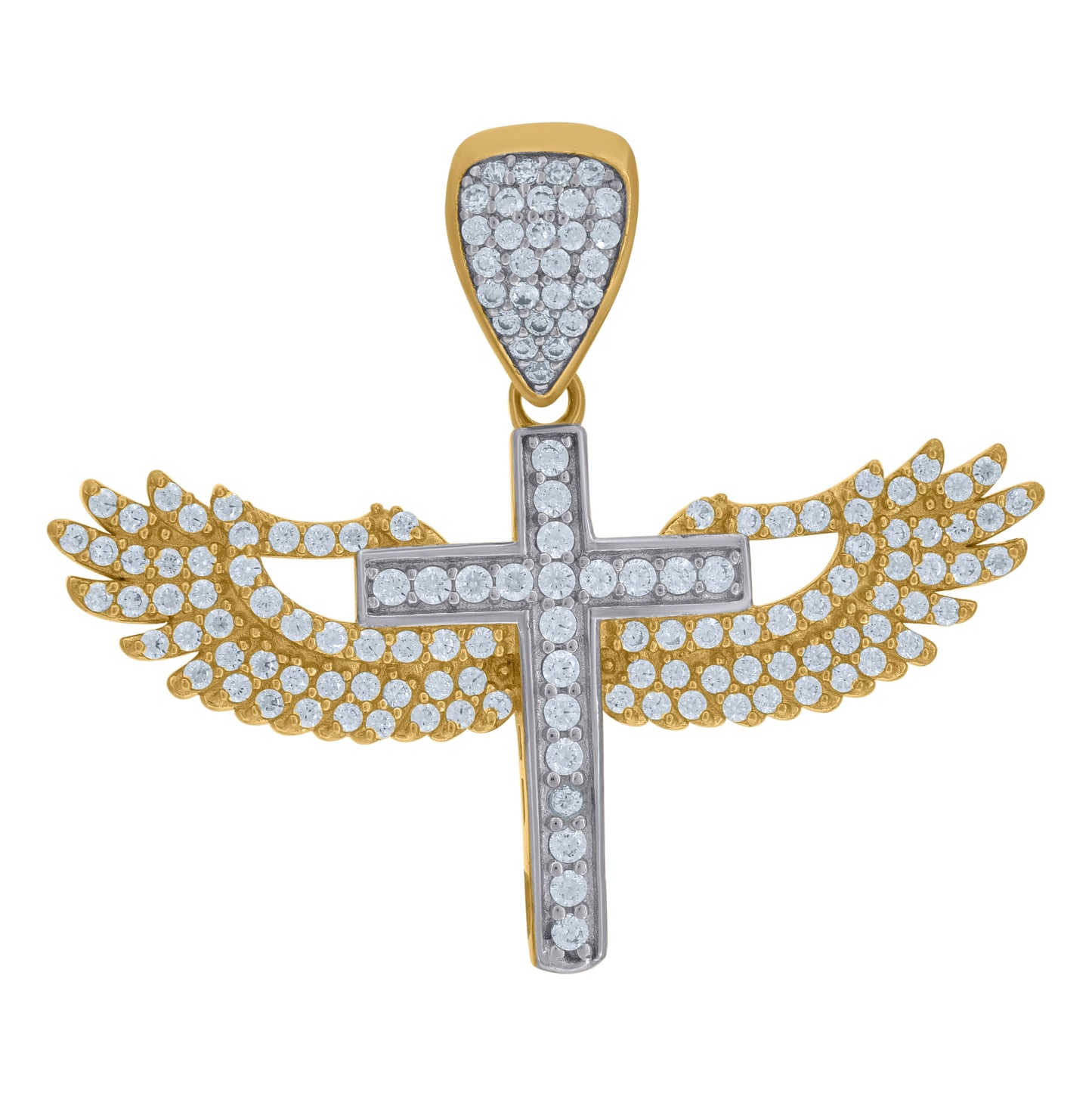 10K Two-Tone Gold Cubic Zirconia Angel Wings Cross Religious Charm Pendant