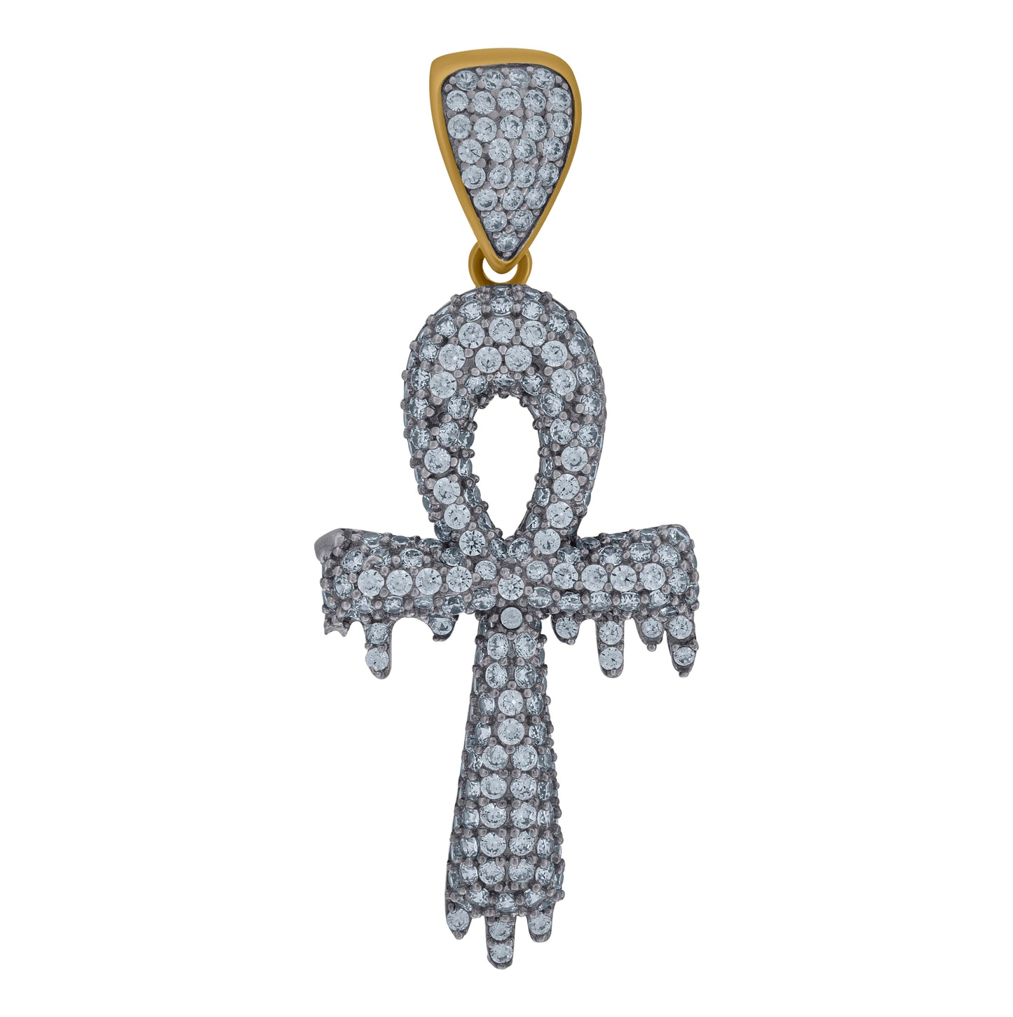 10K Two-Tone Gold Cubic Zirconia Dripping Ankh Religious Charm Pendant