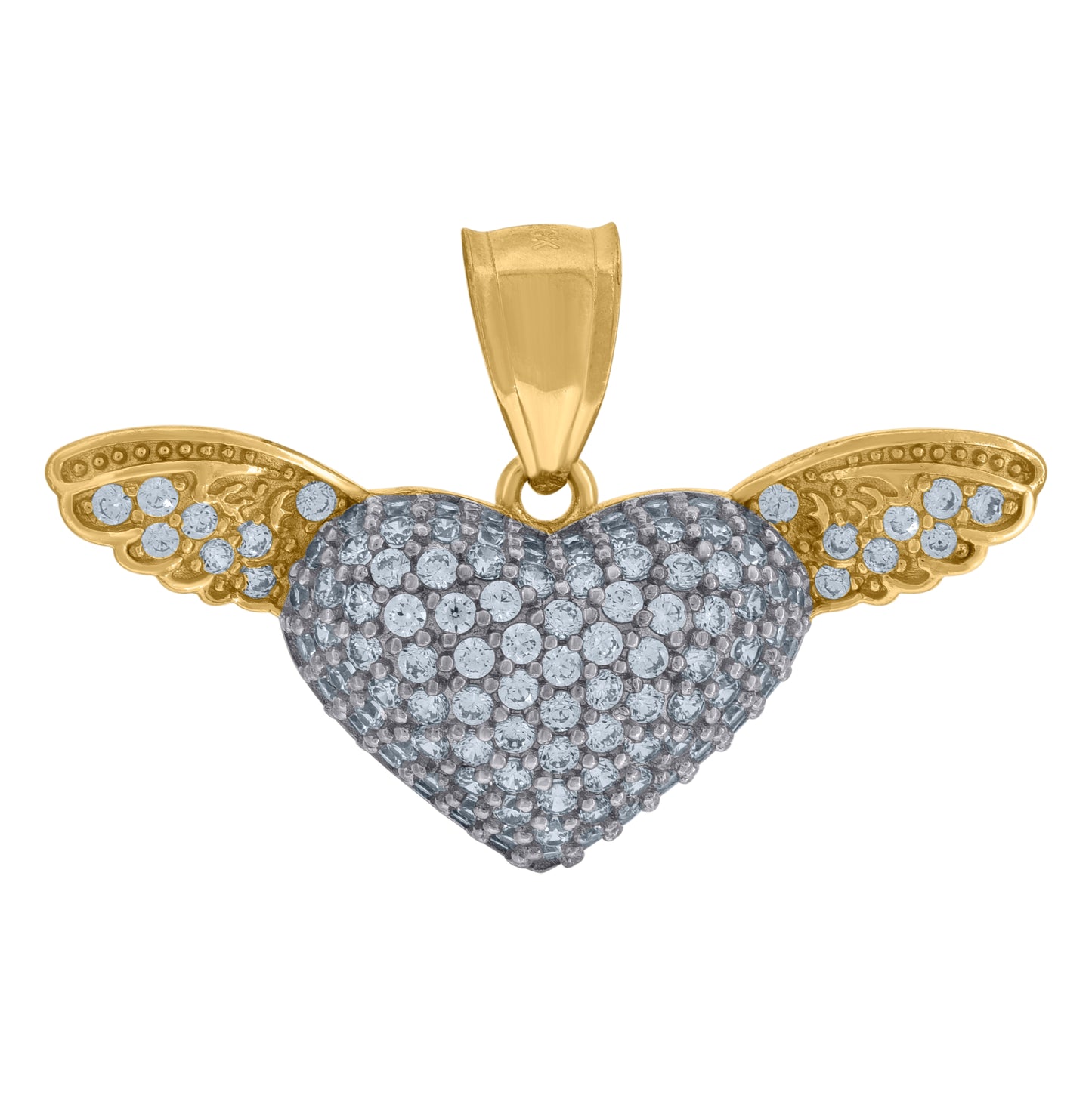 10K Two-Tone Gold Cubic Zirconia Flying Heart Wings Charm Pendant