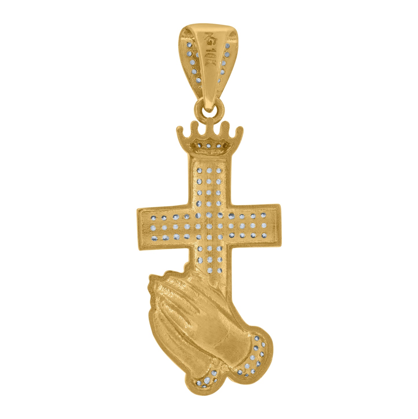 10K Two-Tone Gold Cubic Zirconia Cross Praying Hands Religious Charm Pendant