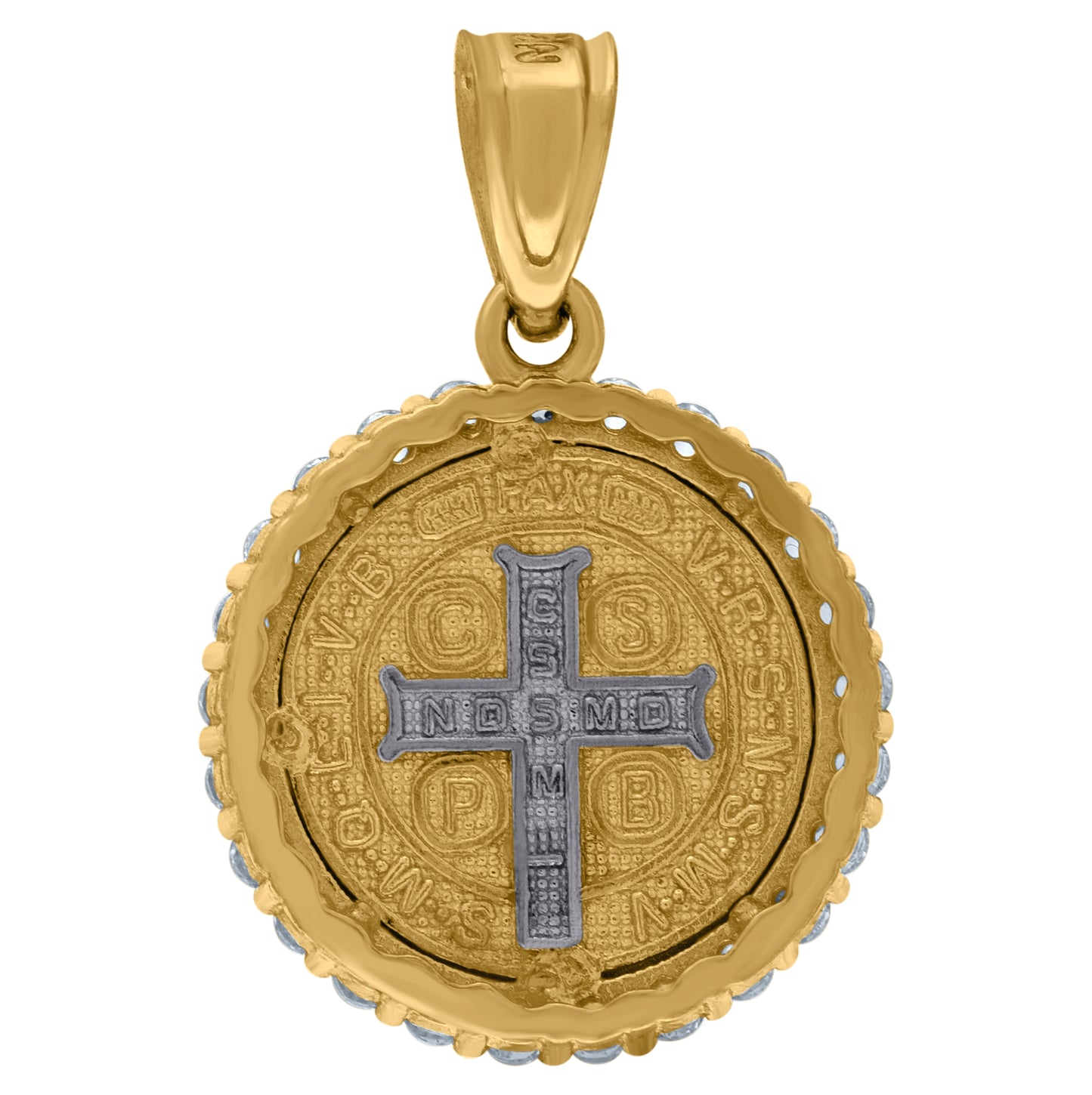 10K Yellow Gold Cubic Zirconia Saint Benedict Religious Medallion Charm Pendant