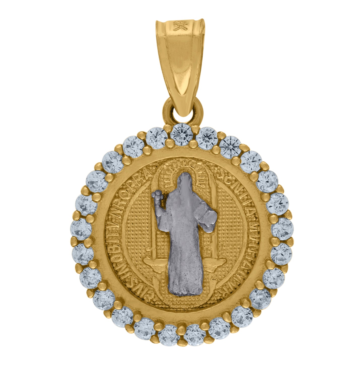 10K Yellow Gold Cubic Zirconia Saint Benedict Religious Medallion Charm Pendant