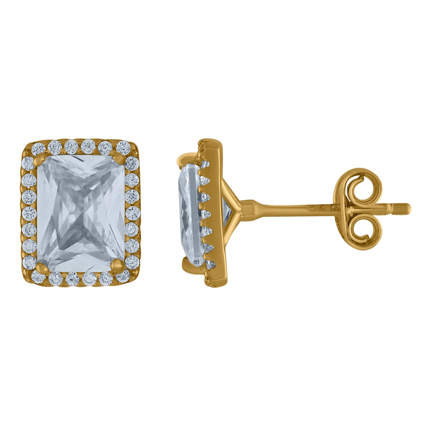 Sterling Silver Or Yellow-Tone Unisex Emerald Cubic-Zirconia Rectangle Fashion Stud Earrings