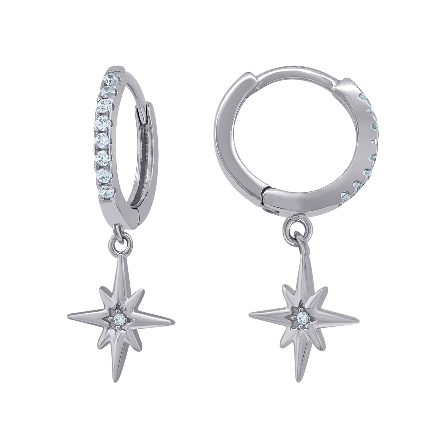Sterling Silver Unisex Cubic-Zirconia Star Fashion Dangle Hoop Earrings