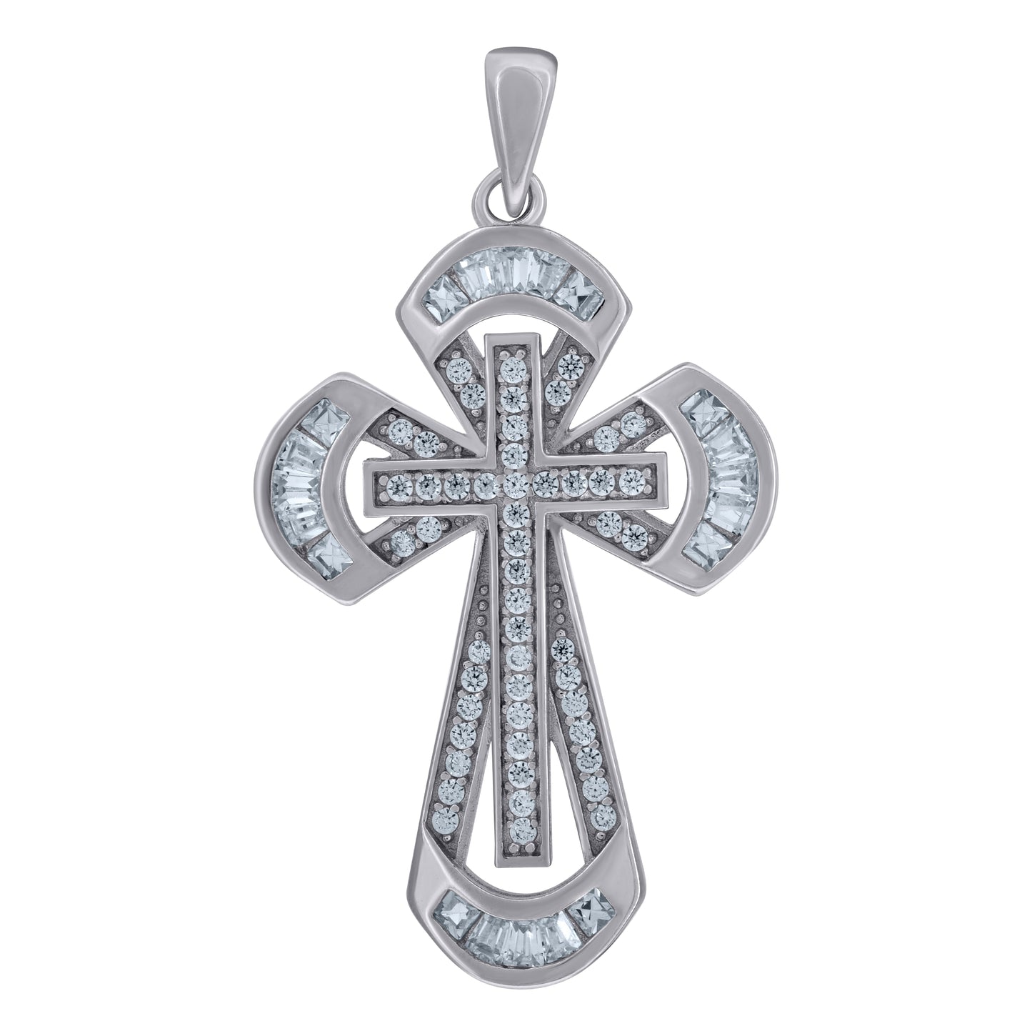 Sterling Silver Mens Baguette Cubic-Zirconia Cross Religious Charm Pendant