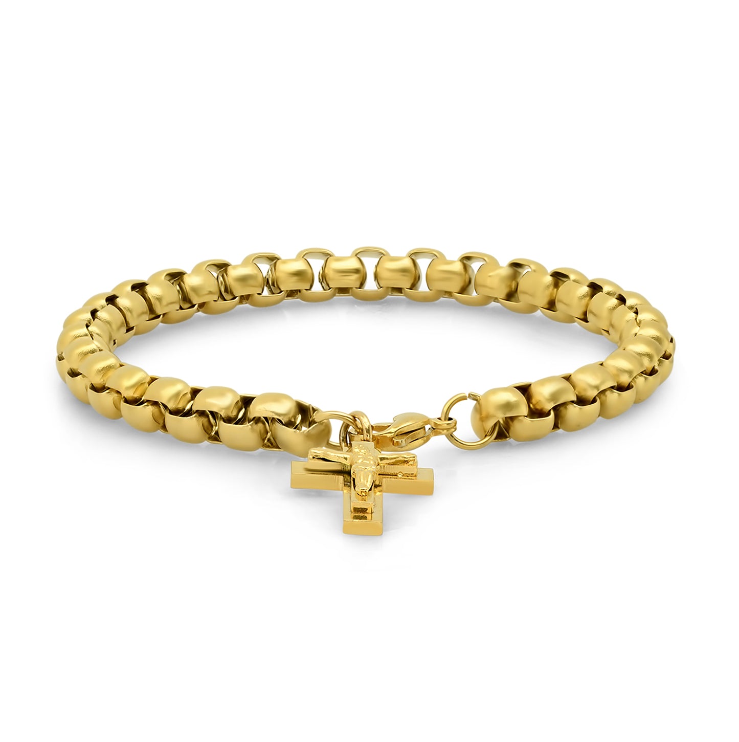 Stainless Steel Yellow-tone Mens Cross Religious Round Link Bracelet