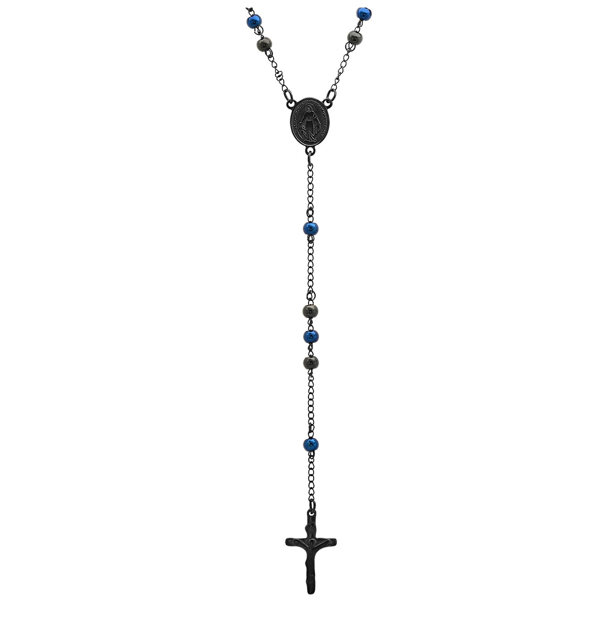 Stainless Steel Mens Black -Tone Rosary Religious Necklace