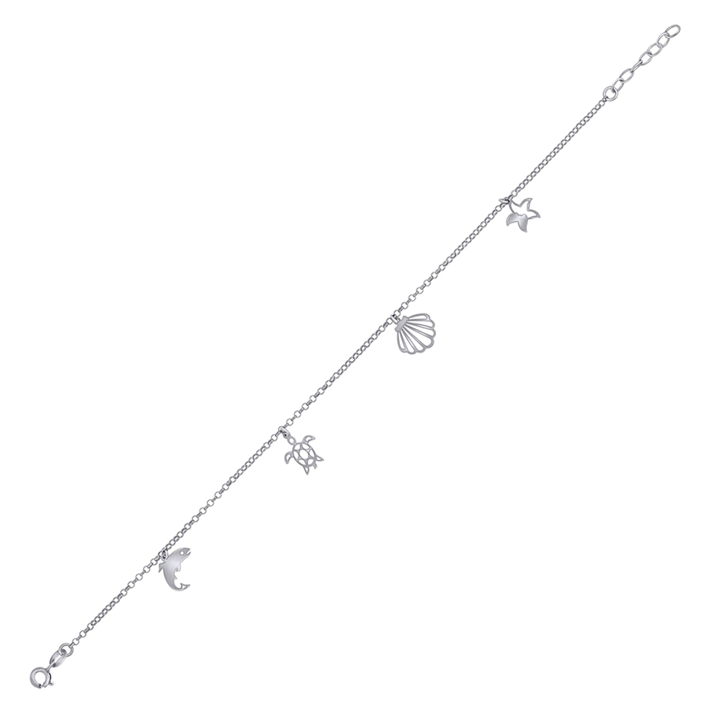Sterling Silver Womens Ocean Life Charms Anklet Size 10 Inches