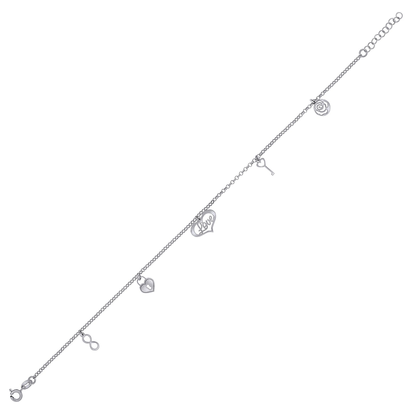 Sterling Silver Women Love Charms Anklet Size 10 Inches