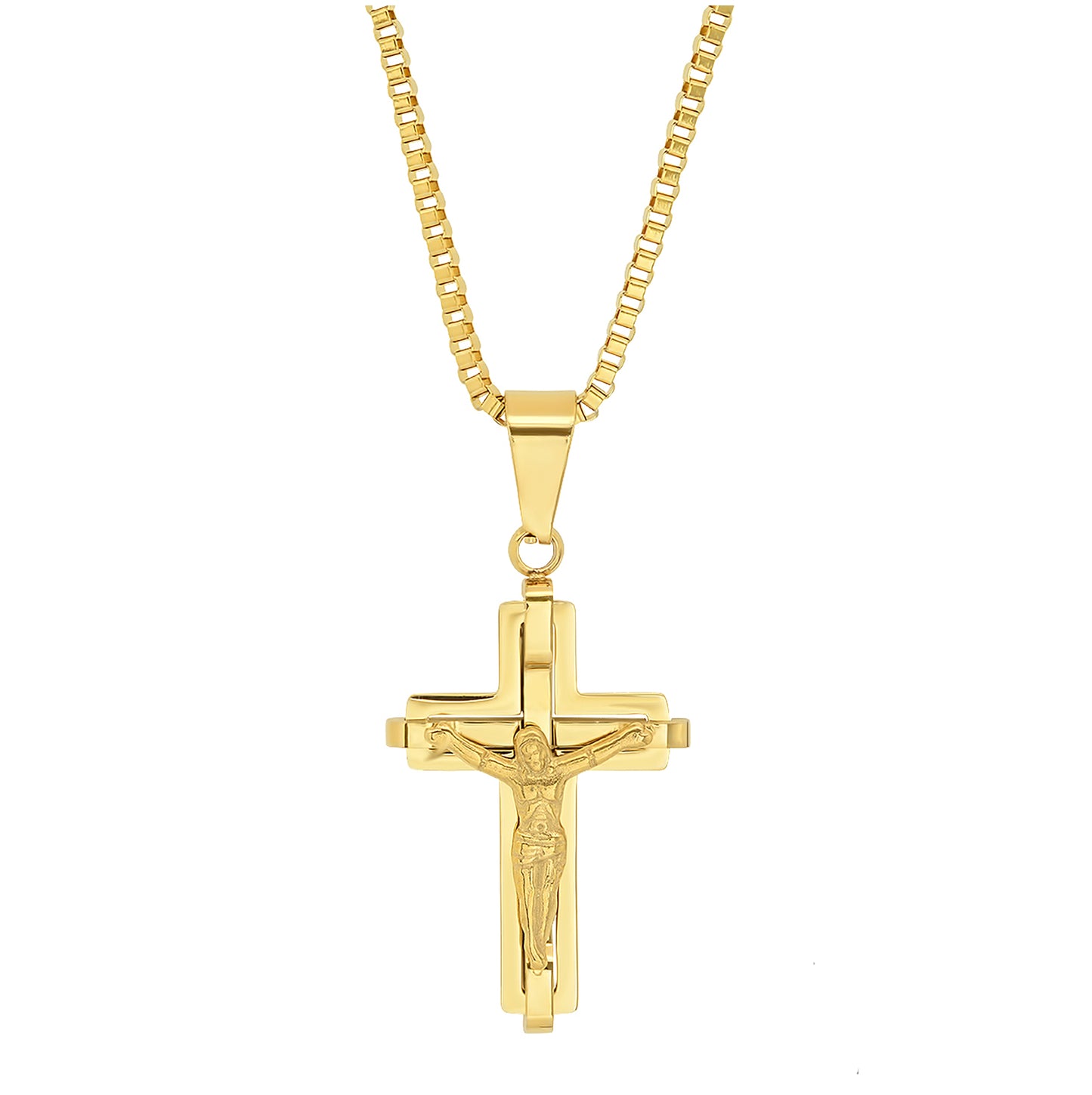 Stainless Steel Mens Yellow Crucifix Cross Religious Necklace