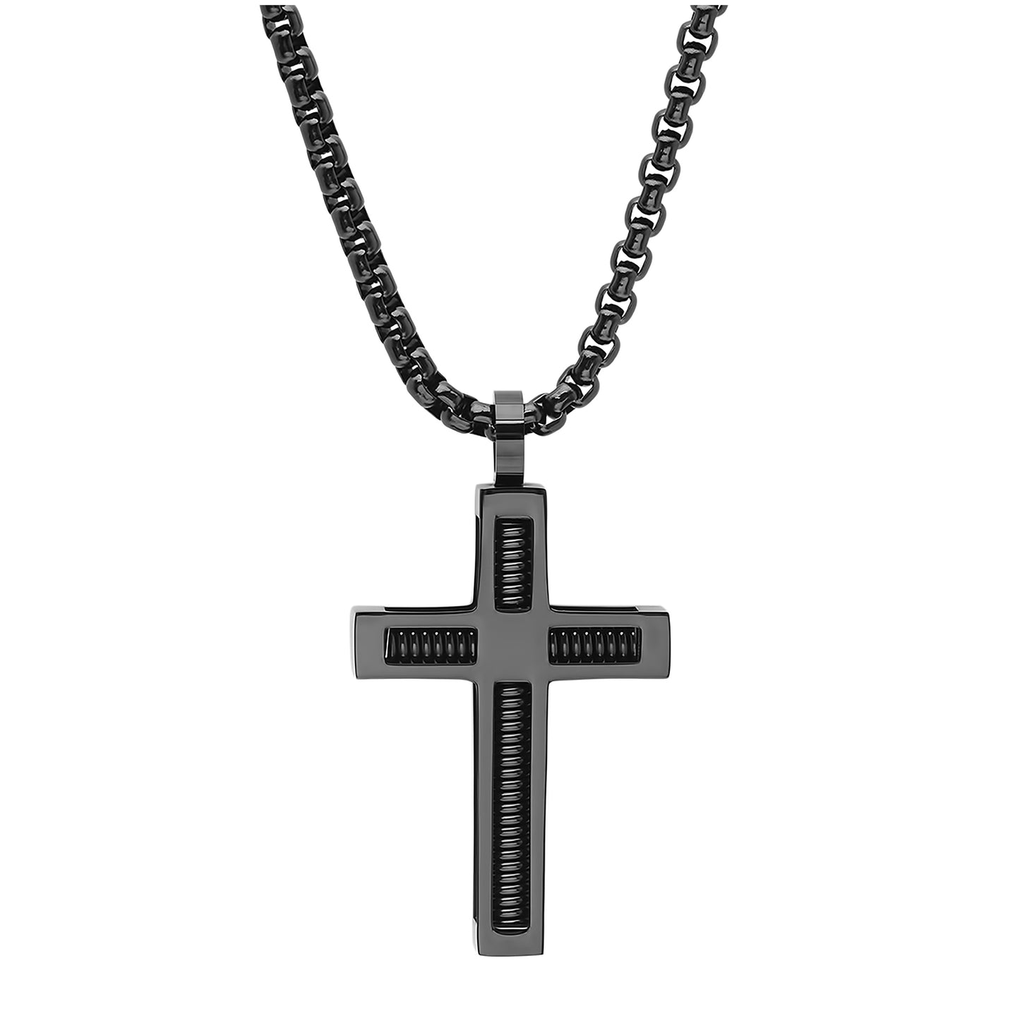 Stainless Steel Mens Black -Tone Cross Religious Necklace