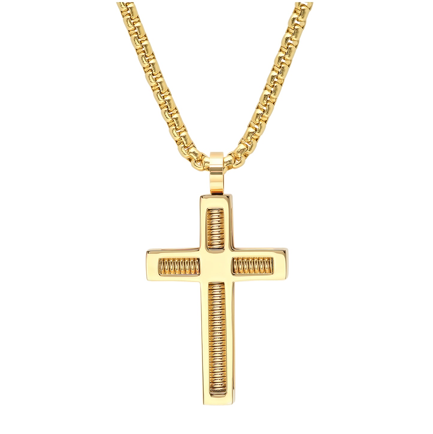Stainless Steel Mens Yellow Cross Religious Necklace