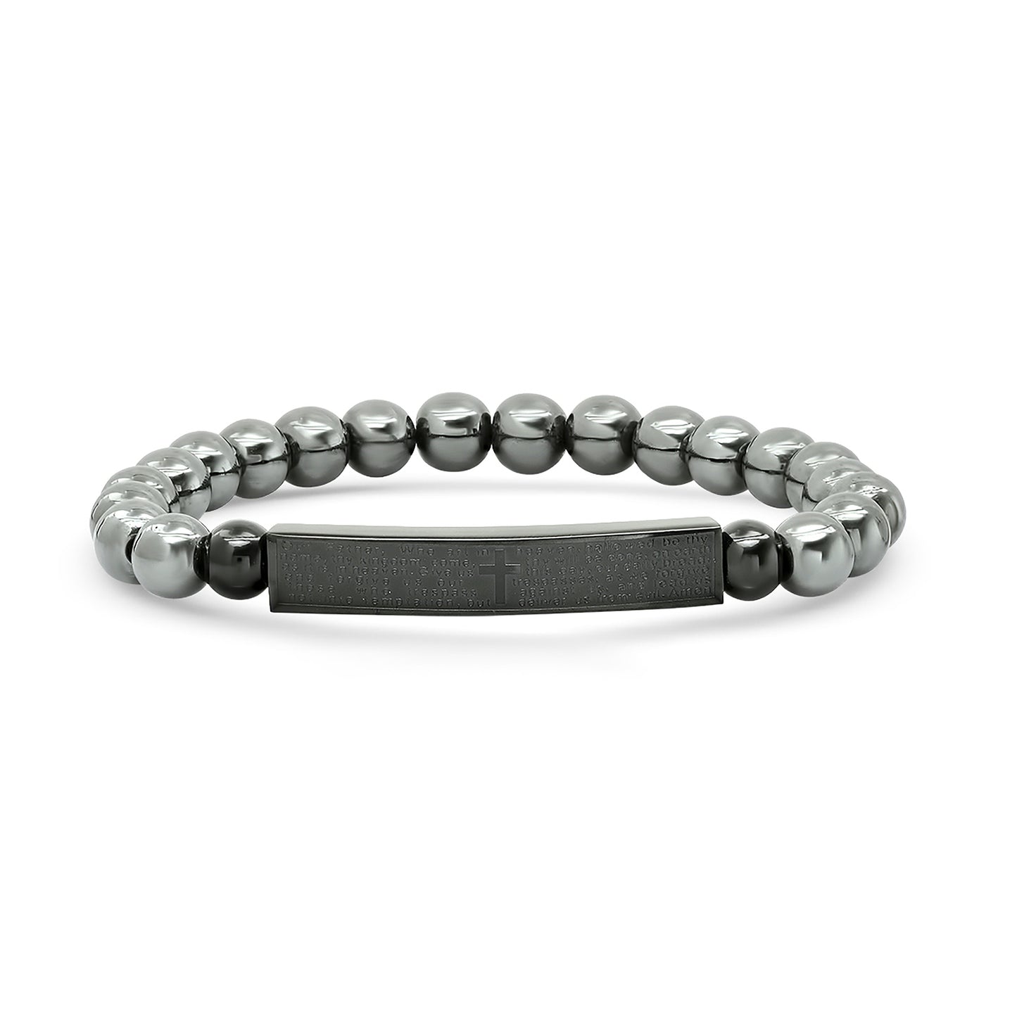 Stainless Steel Black-tone Unisex Lords Prayer Religious ID Beaded Bracelet
