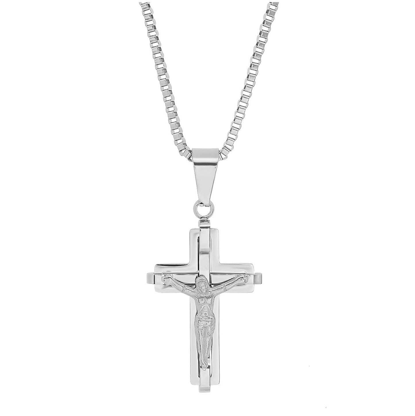Stainless Steel Mens Crucifix Cross Religious Necklace