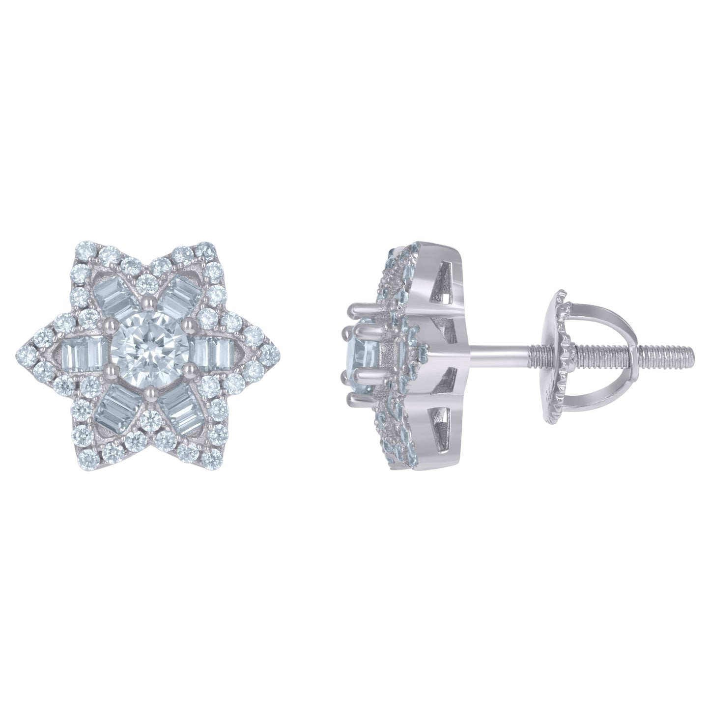 Sterling Silver Unisex Baguette Cubic-Zirconia Star Fashion Stud Earrings