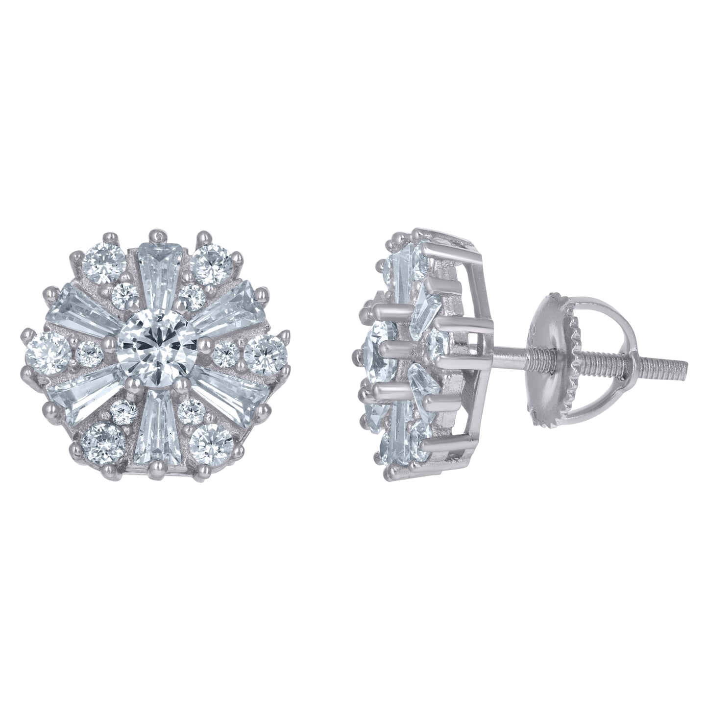 Sterling Silver Unisex Baguette Cubic-Zirconia Flower Fashion Stud Earrings