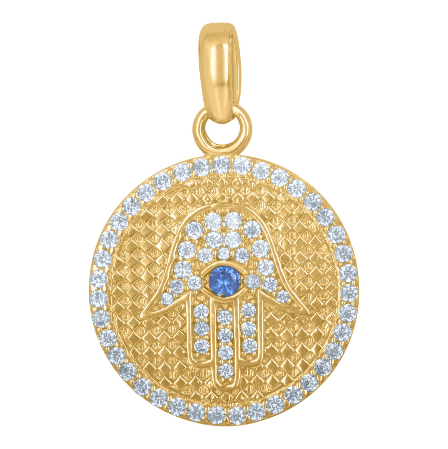 10K Yellow Gold Mens White Blue Cubic Zirconia Hamsa Religious Charm Pendant