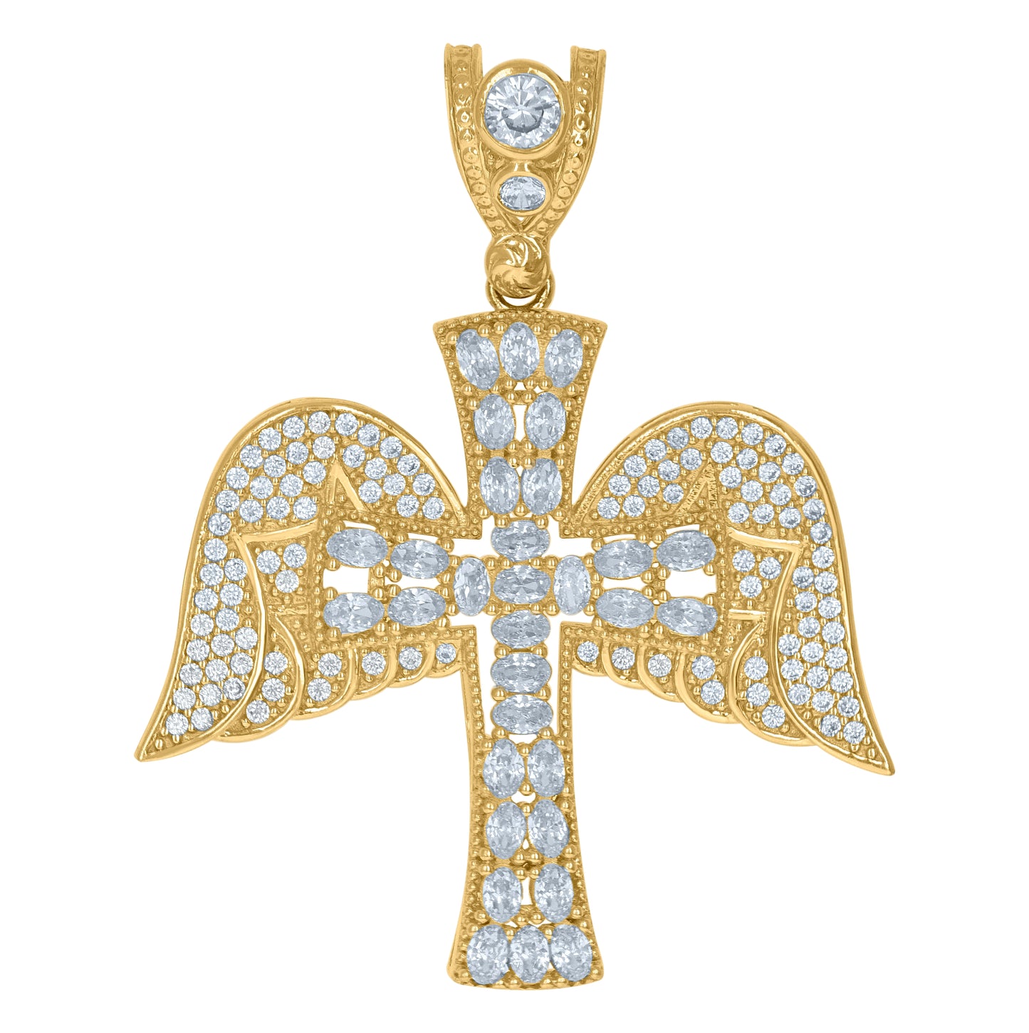 10K Yellow Gold Mens Cubic Zirconia Angel Wings Cross Religious Charm Pendant