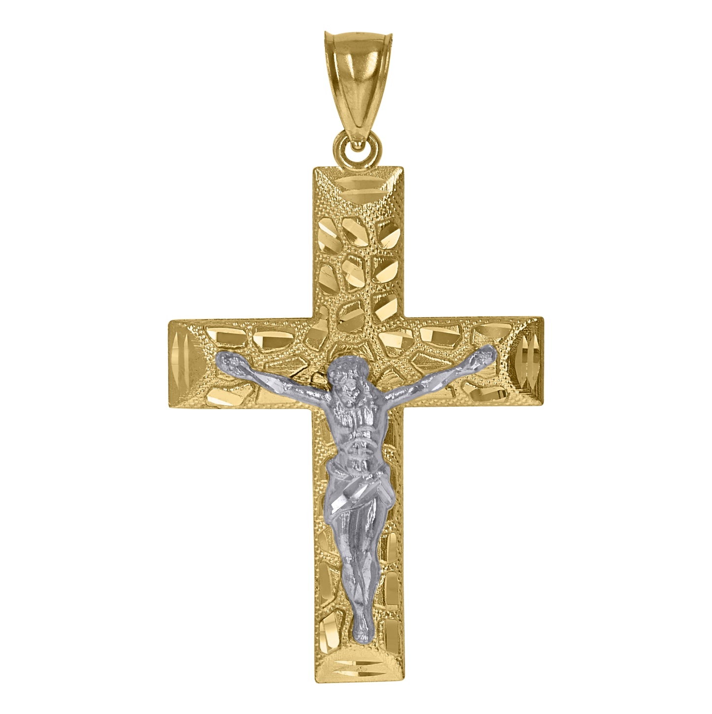10K Two-Tone Gold Mens Nugget Crucifix Religious Charm Pendant