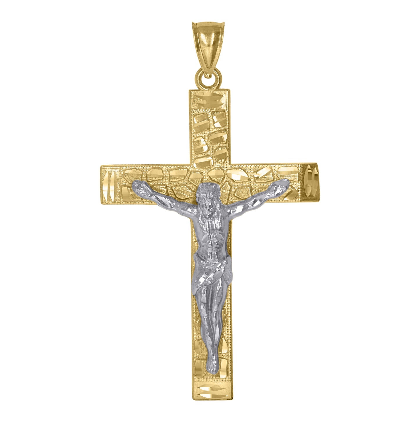 10K Two-Tone Gold Mens Nugget Crucifix Religious Charm Pendant