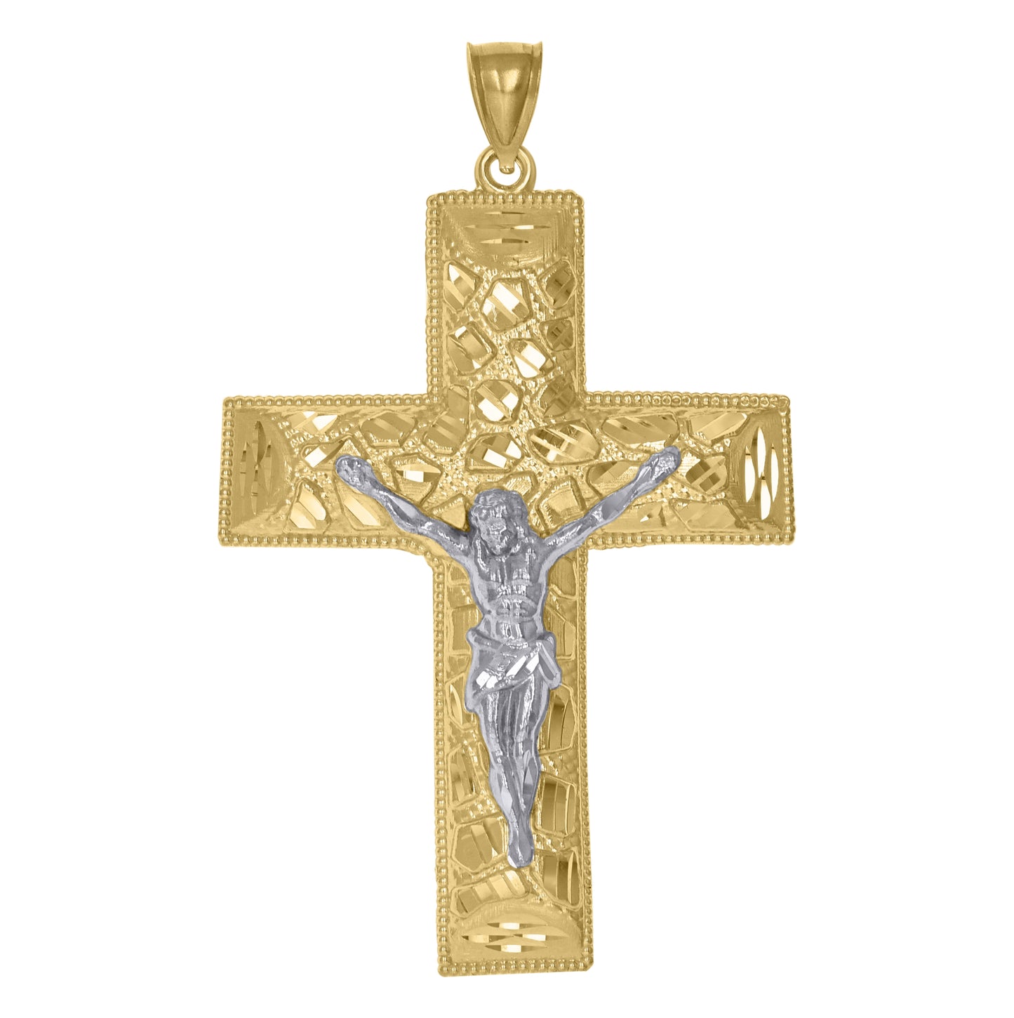 10K Two-Tone Gold Mens Nugget Crucifix Religious Charm Pendant