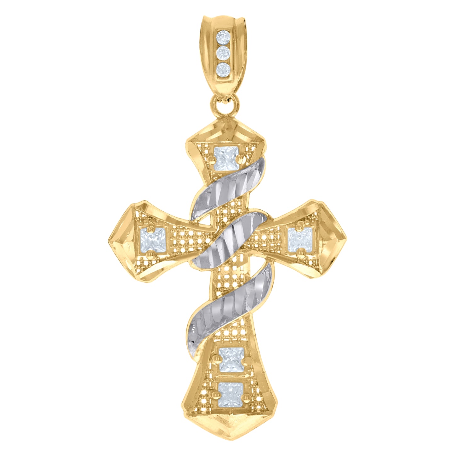 10K Two-Tone Gold Mens Princess Cut Cubic-Zirconia Religious Cross Charm Pendant